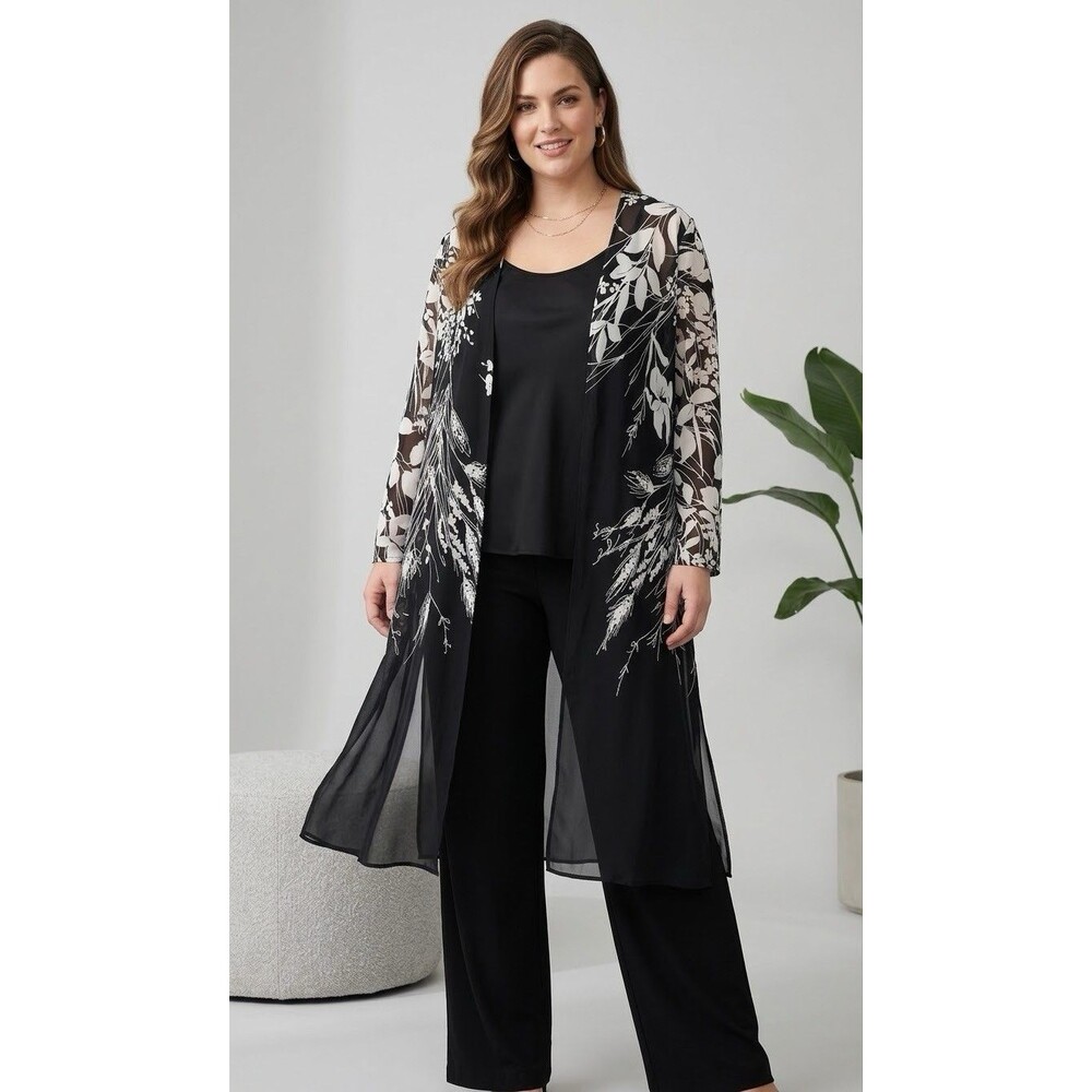 NWOT Joseph Ribkoff Sheer Floral Duster Cardigan Kimono Jacket Black White